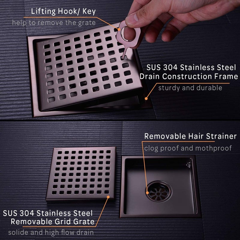 Orhemus 6 inch Stainless Steel Square Shower Floor Drain with Threaded Adapter, Removable Cover Grid Grate, Brushed Bronze Finished - Image 5